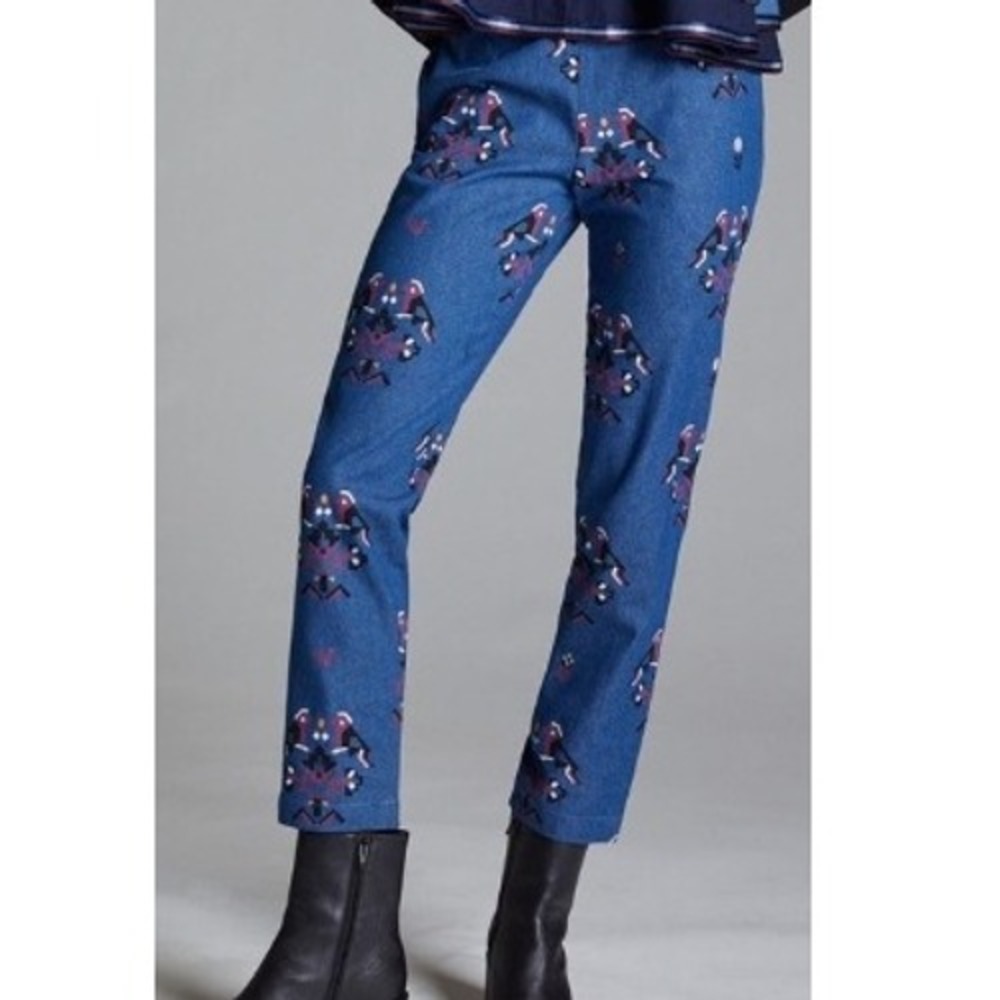Anthropologie SVA Sonam Paras Modi Boho Bird‎ Floral Blue Denim Pants Size 10